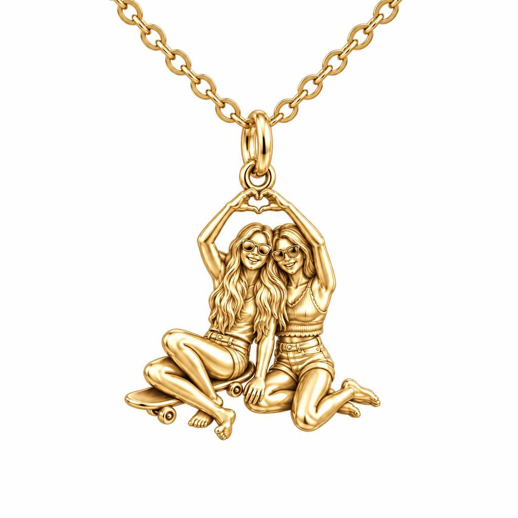 Skater Besties Heart Charm Necklace Set – 18K gold, front view