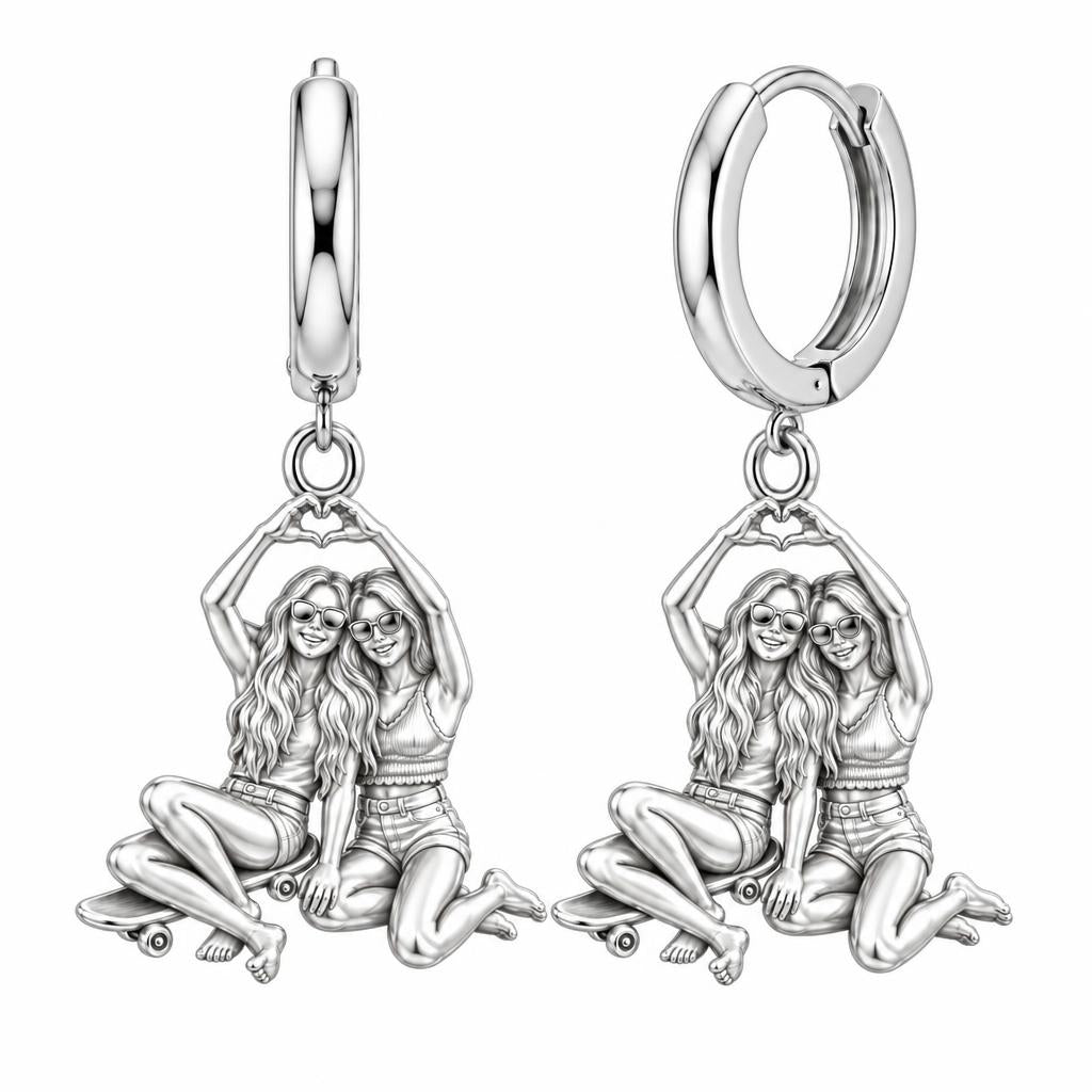 Skater Besties Heart Huggie Charm Earrings – silver, front view