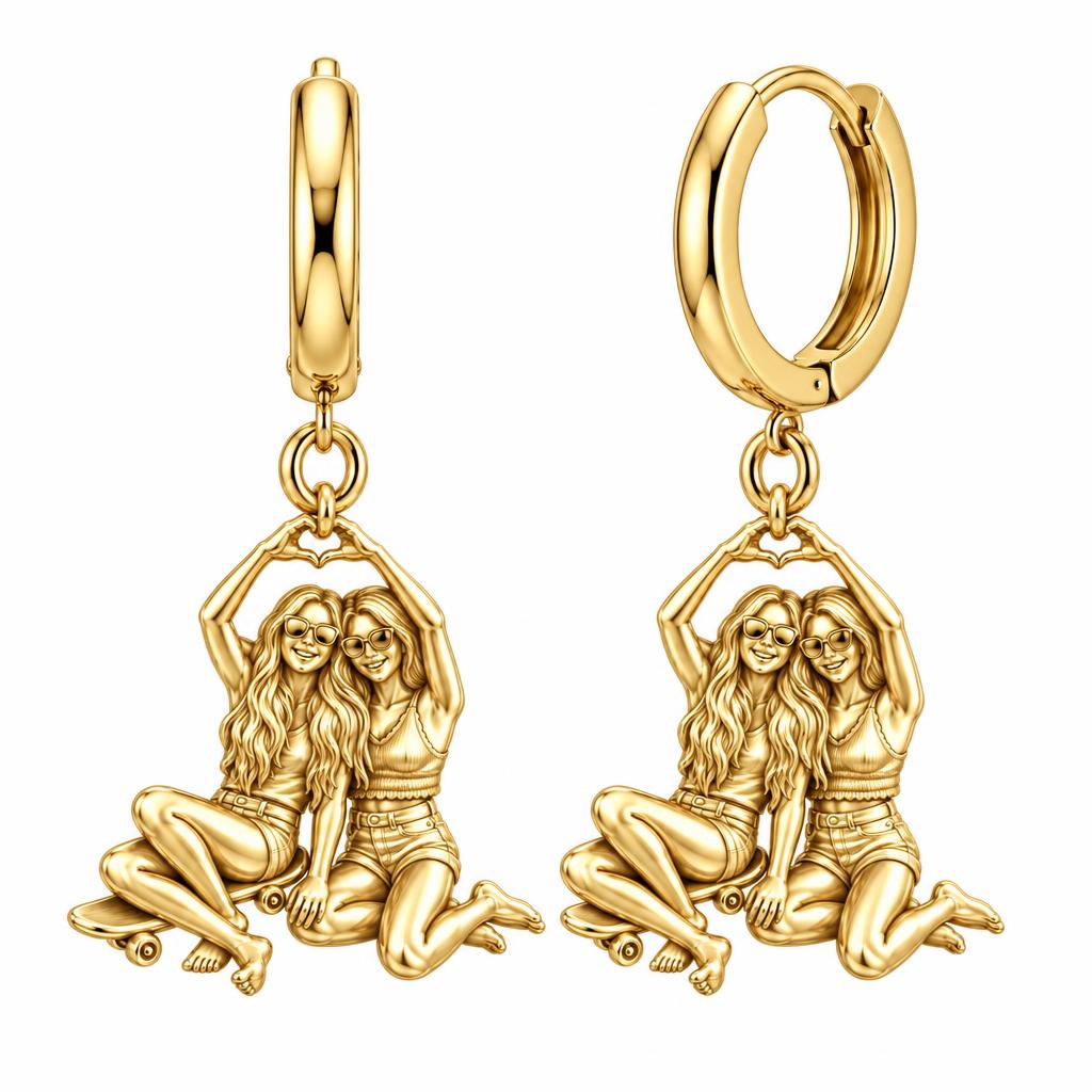 Skater Besties Heart Huggie Charm Earrings – 18K gold, front view