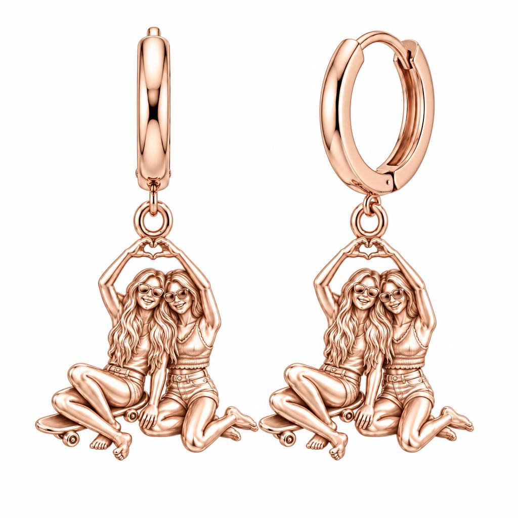 Skater Besties Heart Huggie Charm Earrings – rose gold, front view