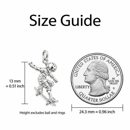 Skater in Motion Charm Bracelet – Personalized Son Gift – size guide, 13 mm charm next to a quarter