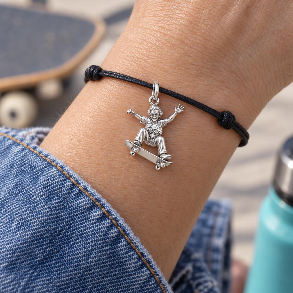 Skating Spirit Charm Bracelet – Personalized Nana Gift – worn on the wrist on a black cord bracelet