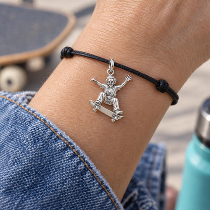 Skating Spirit Charm Bracelet – Personalized Nana Gift – worn on the wrist on a black cord bracelet