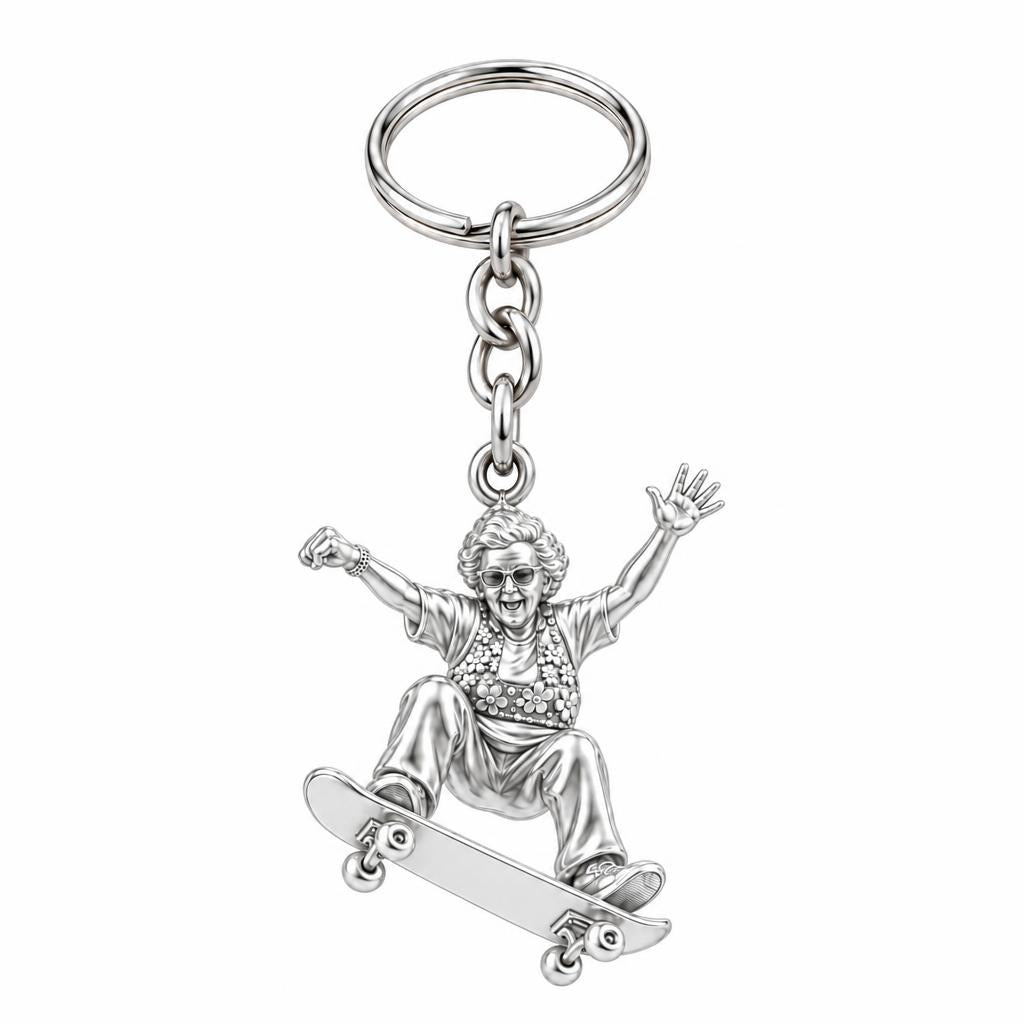 Skating Spirit Grandma Charm Keychain – silver, front view