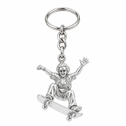 Skating Spirit Grandma Charm Keychain – silver, front view