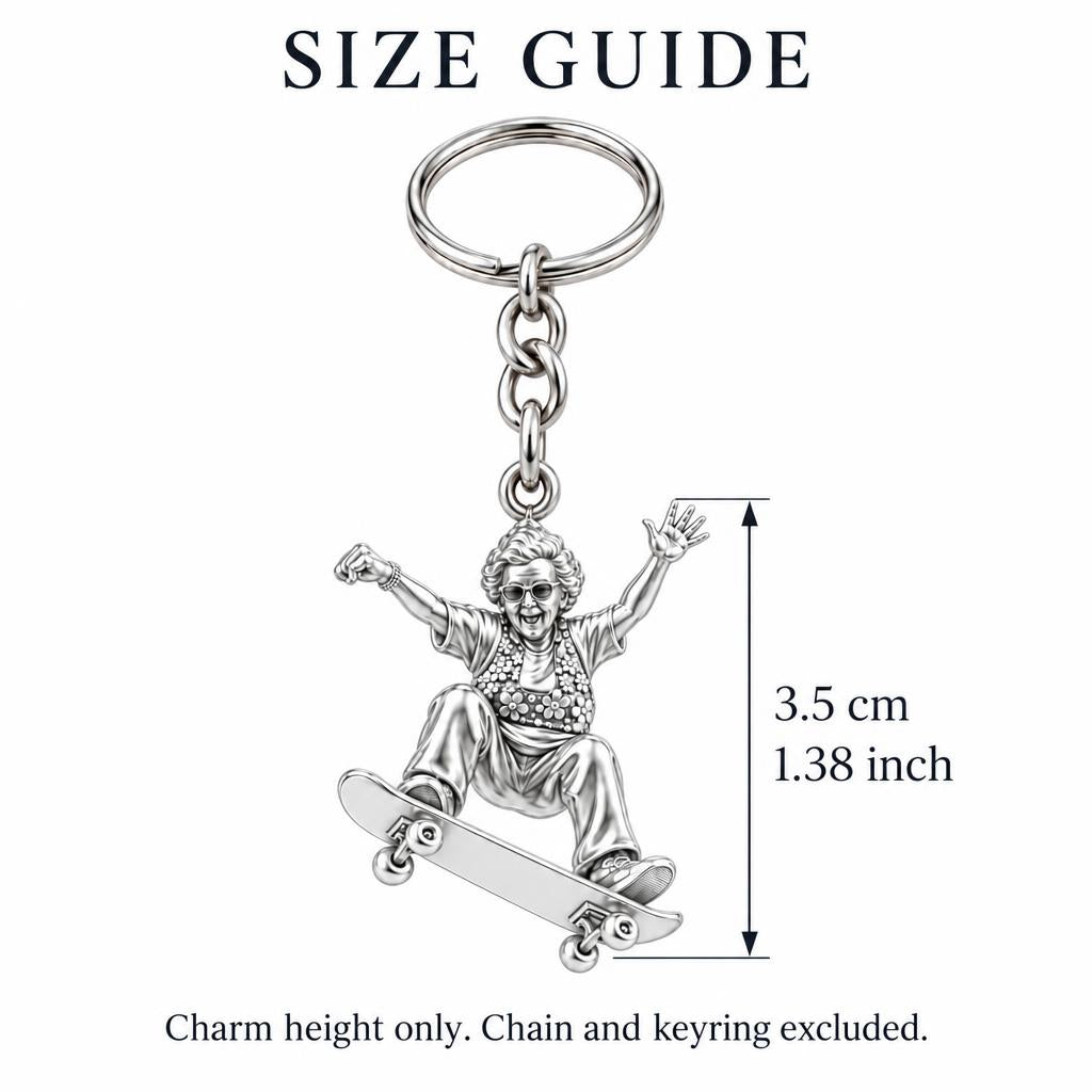 Skating Spirit Grandma Charm Keychain – size guide, 3.5 cm (1.38 in) charm, chain and keyring excluded