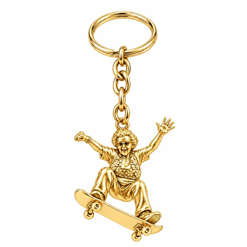 Skating Spirit Grandma Charm Keychain – 18K gold, front view