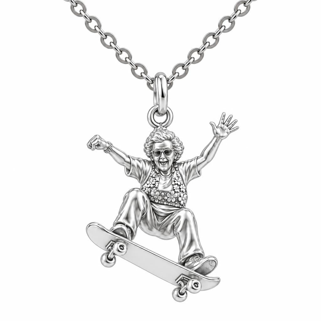 Skating Spirit Grandma Charm Necklace Set – silver, front view