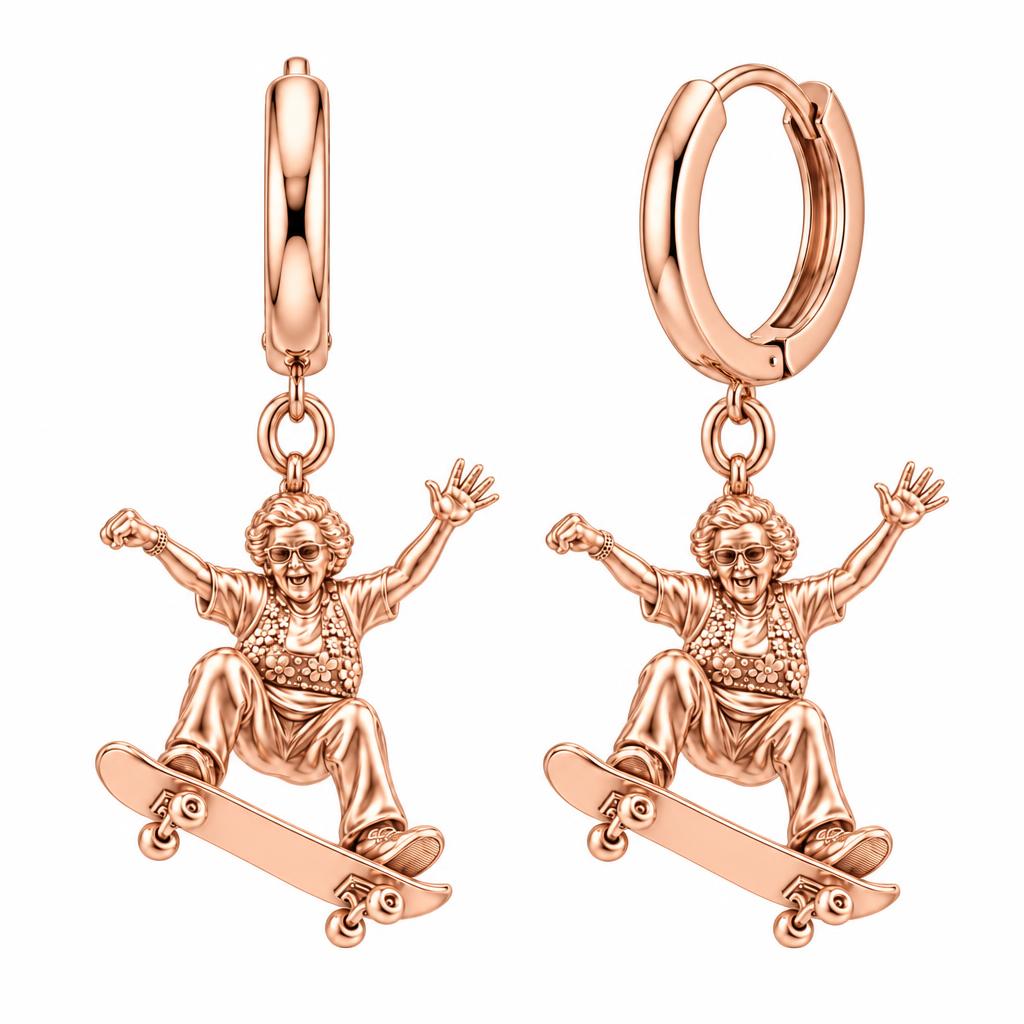 Skating Spirit Grandma Huggie Charm Earrings – rose gold, front view