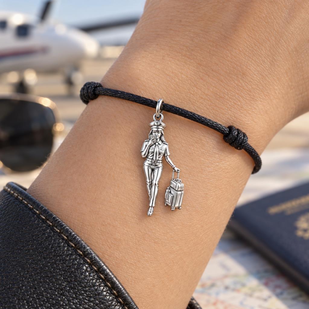 Sky Bound Aviator Charm Bracelet – Personalized Pilot Gift – worn on the wrist on a black cord bracelet