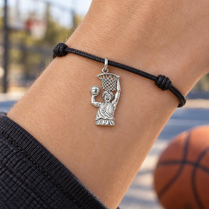 Slam Dunk Hero Charm Bracelet – Personalized Athlete Gift – worn on the wrist on a black cord bracelet