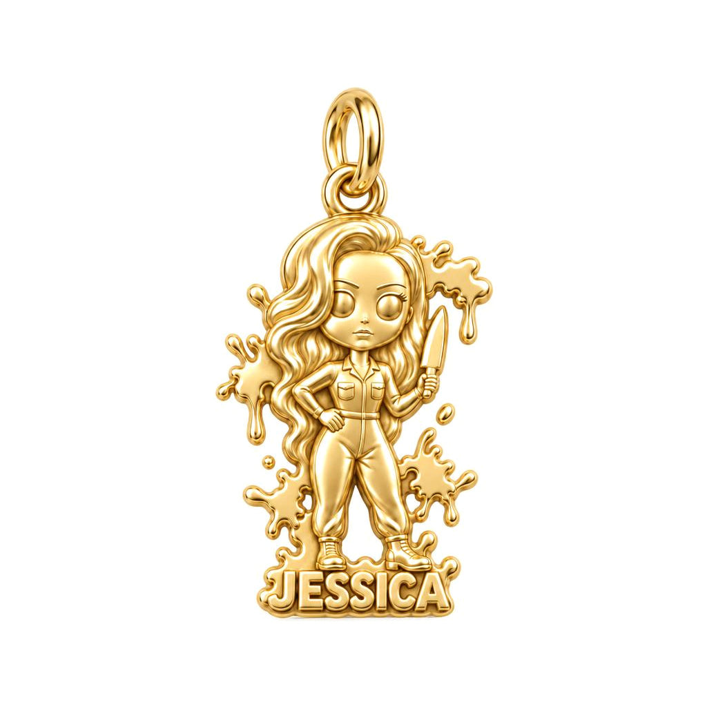 Slasher Queen Hair Artist Charm Bracelet – Personalized Hairstylist – 18K gold charm, front view