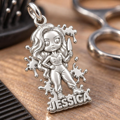 Slasher Queen Hair Artist Charm Bracelet – Personalized Hairstylist – macro detail of the charm