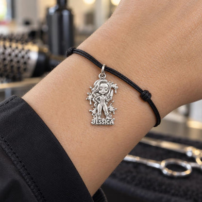 Slasher Queen Hair Artist Charm Bracelet – Personalized Hairstylist – worn on the wrist on a black cord bracelet