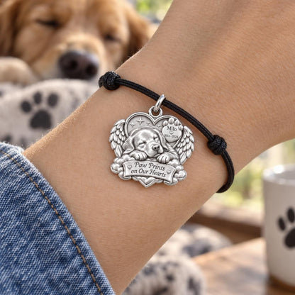 Sleeping Angel Charm Bracelet – Personalized Pet Memorial Gift – worn on the wrist on a black cord bracelet