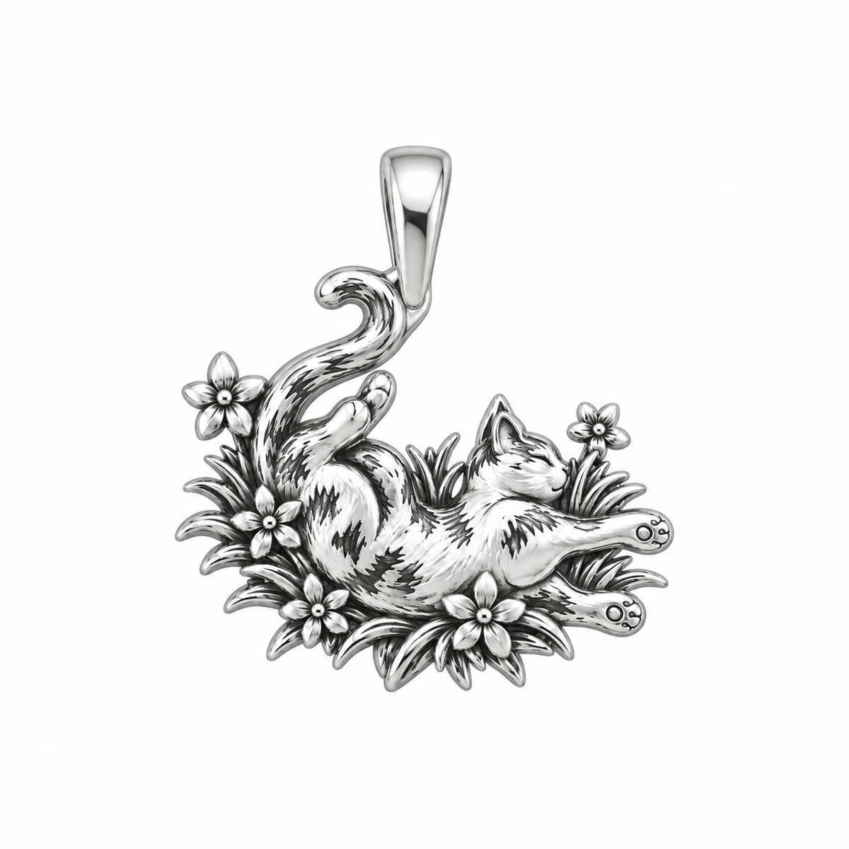 Sleeping Cat in Wildflowers Charm Bracelet – Personalized Cat Mom Gift – silver charm, front view