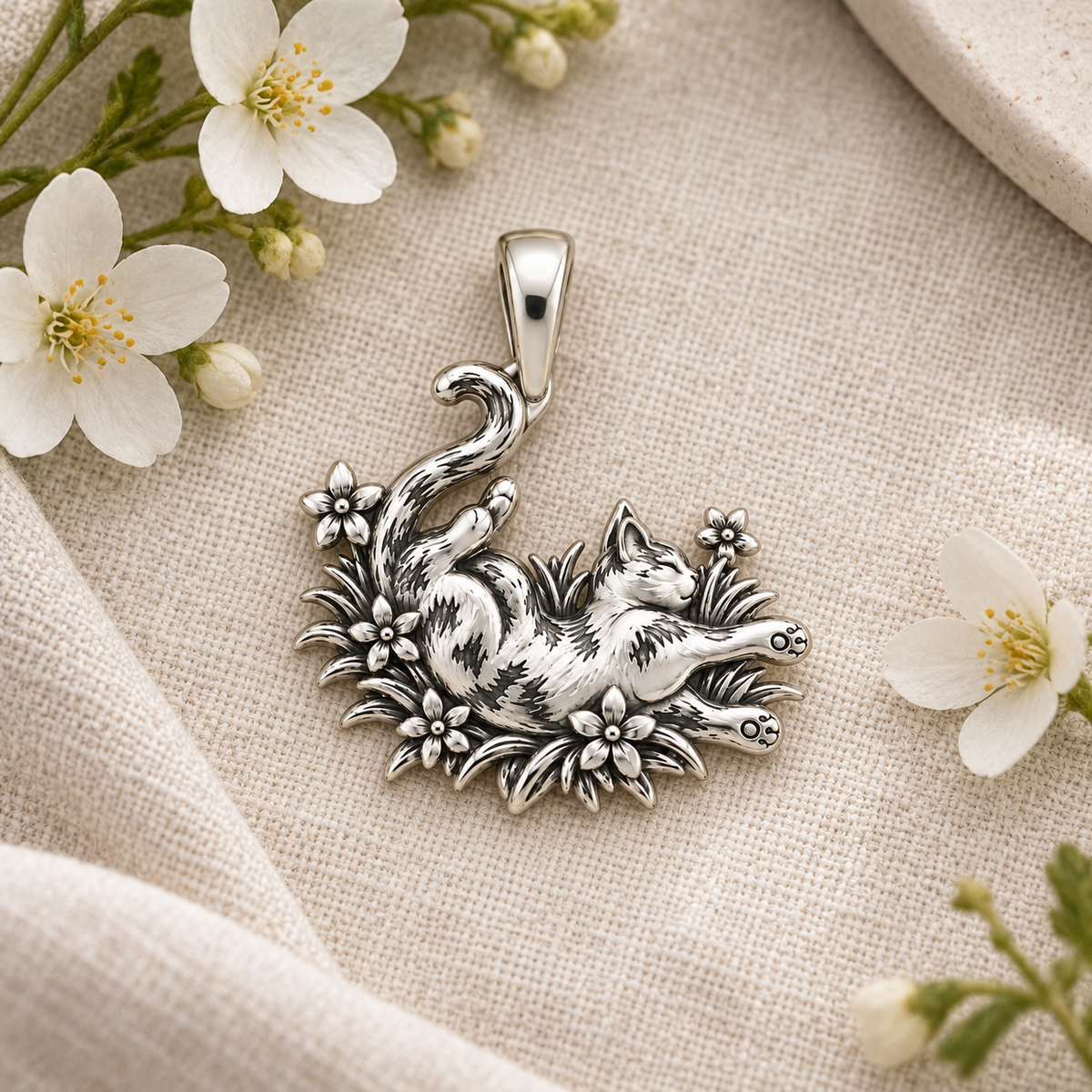 Sleeping Cat in Wildflowers Charm Bracelet – Personalized Cat Mom Gift – macro detail of the charm
