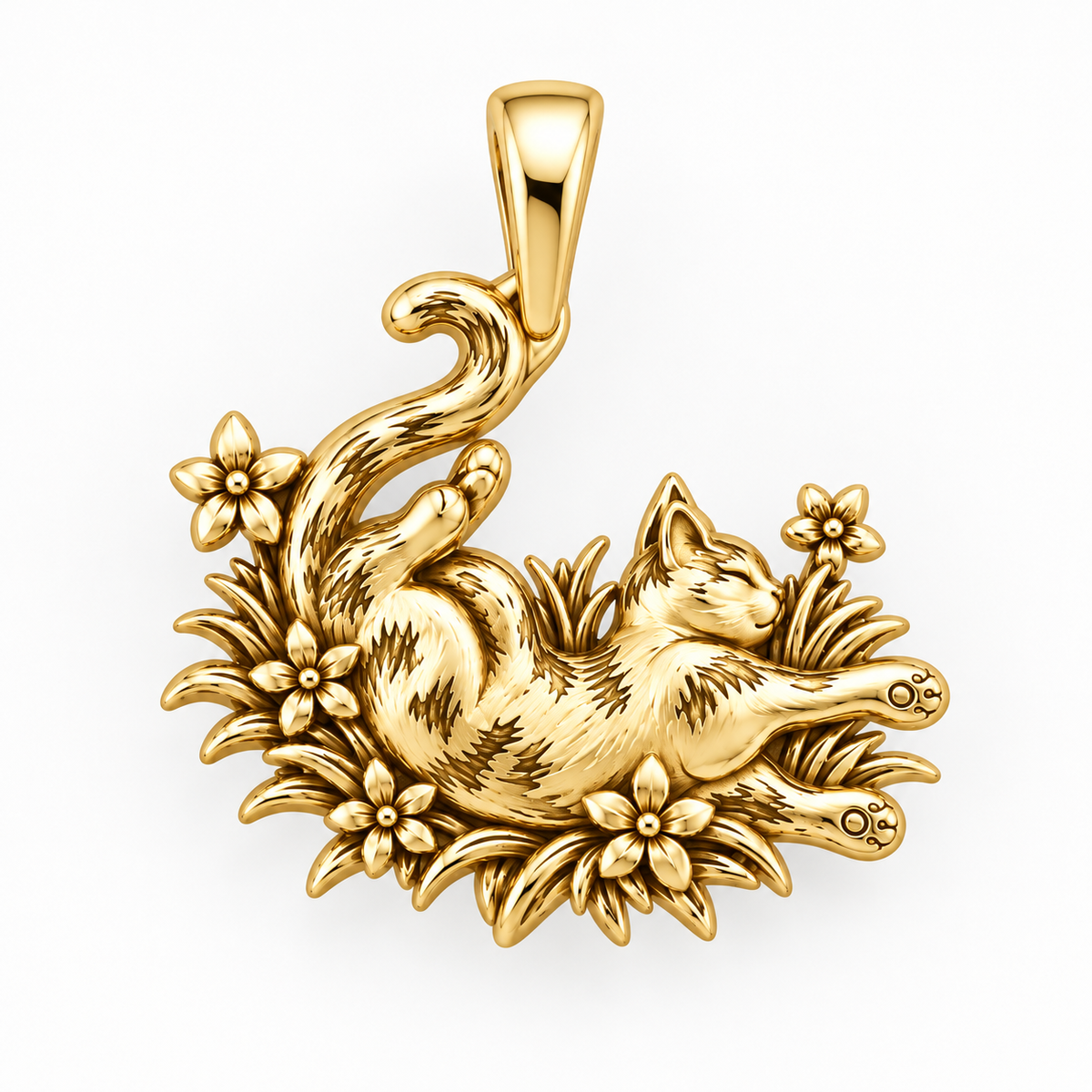 Sleeping Cat in Wildflowers Charm Bracelet – Personalized Cat Mom Gift – 18K gold charm, front view
