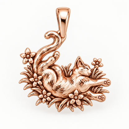 Sleeping Cat in Wildflowers Charm Bracelet – Personalized Cat Mom Gift – rose gold charm, front view