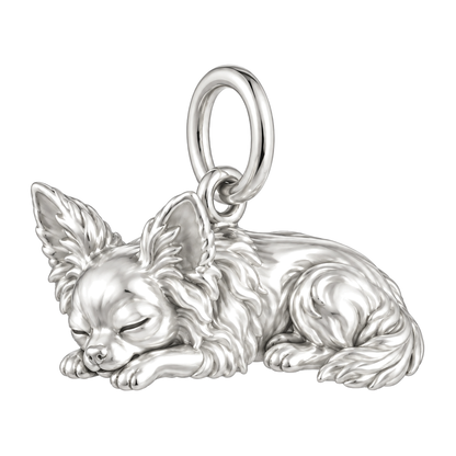Chihuahua - long hair — Sleeping Dog Charm and Polyester Cord Bracelet Set — Silver