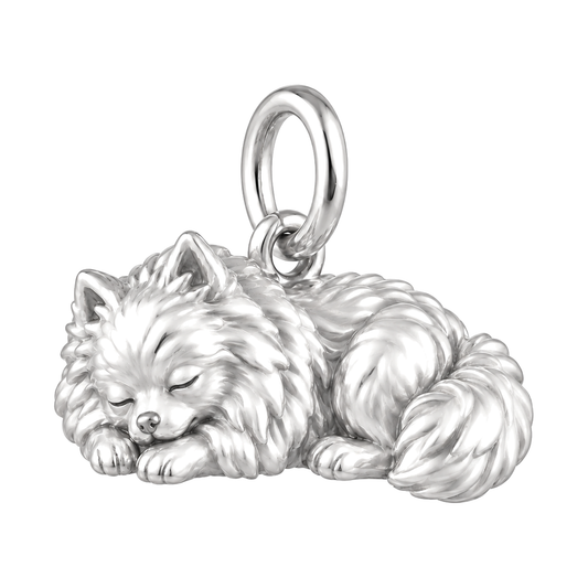Pomeranian — Sleeping Dog Charm and Polyester Cord Bracelet Set — Silver