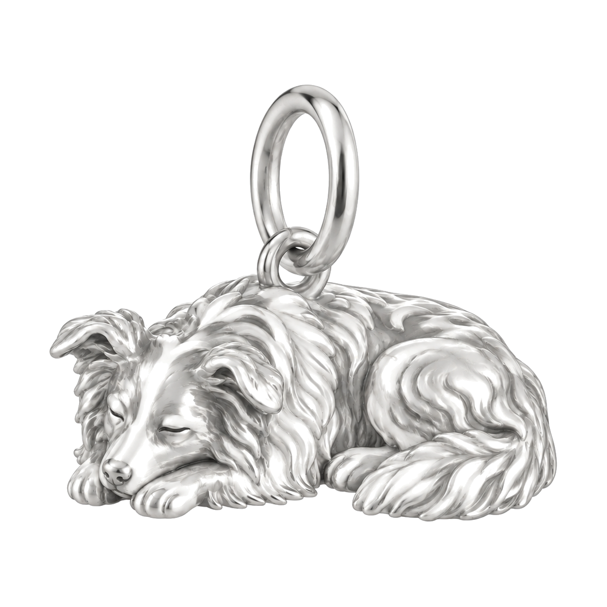 Border Collie - rough coat — Sleeping Dog Charm and Polyester Cord Bracelet Set — Silver