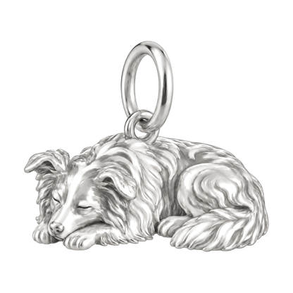 Border Collie - rough coat — Sleeping Dog Charm and Polyester Cord Bracelet Set — Silver