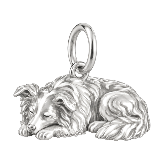 Border Collie - rough coat — Sleeping Dog Charm and Polyester Cord Bracelet Set — Silver