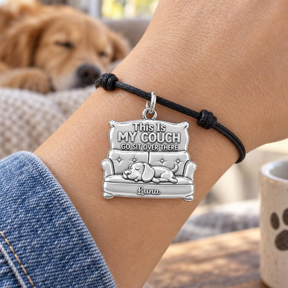 Sleeping Dog Couch Charm Bracelet – Personalized Dog Mom Gift – worn on the wrist on a black cord bracelet