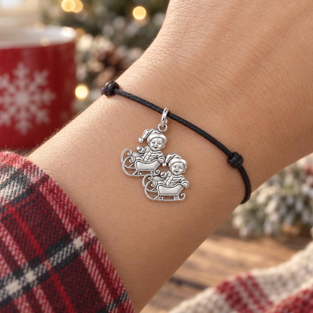Sleigh Ride Babies Charm Bracelet – Personalized Mom Gift – worn on the wrist on a black cord bracelet