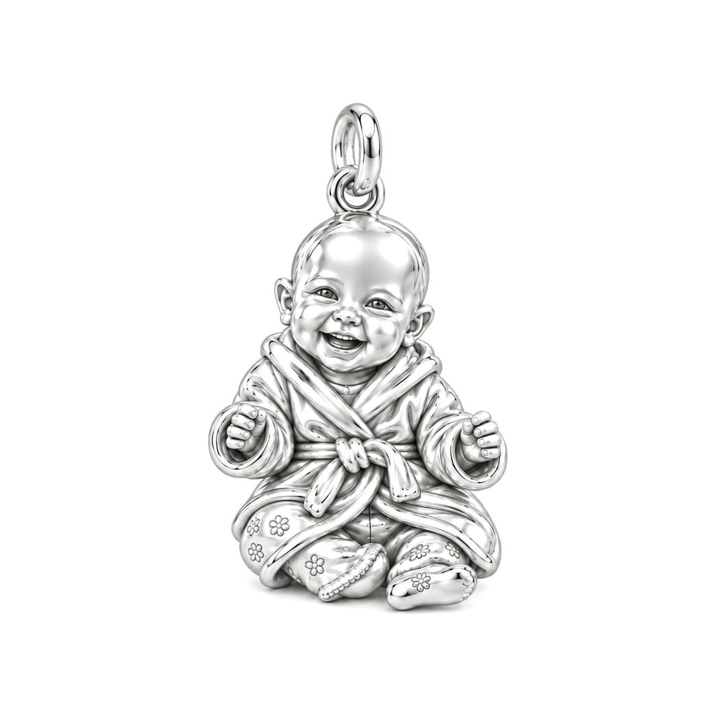 Smiling Baby Monk Charm Bracelet – Personalized Mom Gift – silver charm, front view