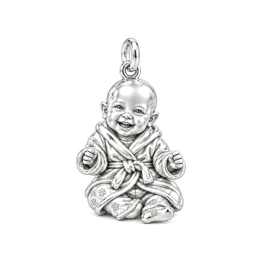 Smiling Baby Monk Charm Bracelet – Personalized Mom Gift – silver charm, front view