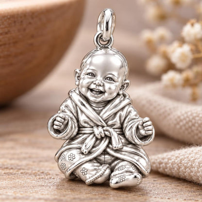 Smiling Baby Monk Charm Bracelet – Personalized Mom Gift – macro detail of the charm
