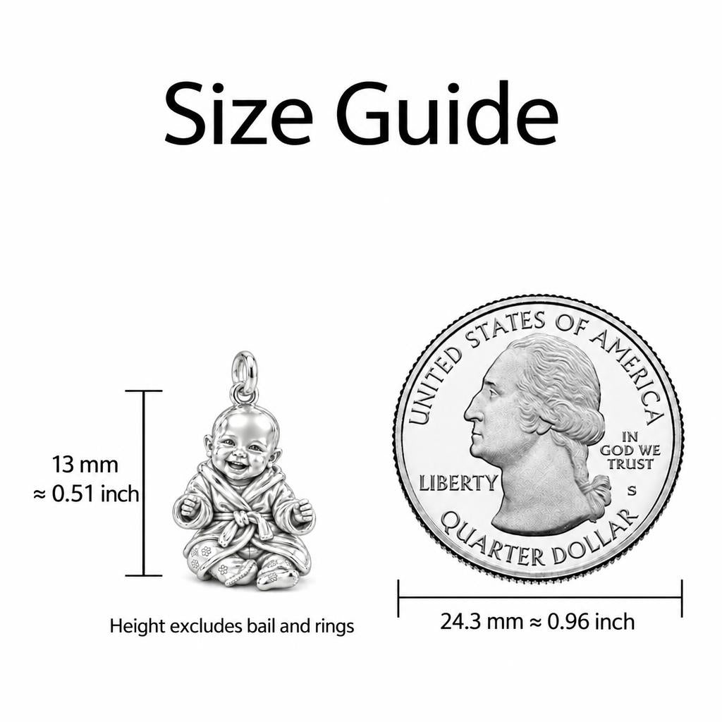 Smiling Baby Monk Charm Bracelet – Personalized Mom Gift – size guide, 13 mm charm next to a quarter