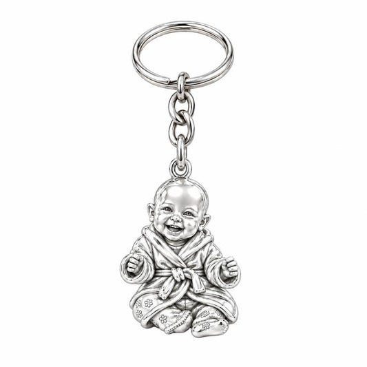 Smiling Baby Monk Charm Keychain – silver, front view