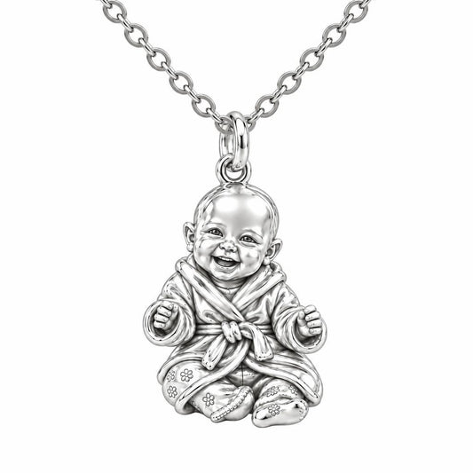 Smiling Baby Monk Charm Necklace Set – silver, front view