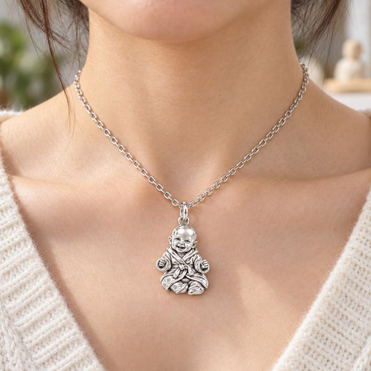 Smiling Baby Monk Charm Necklace Set – worn / in use