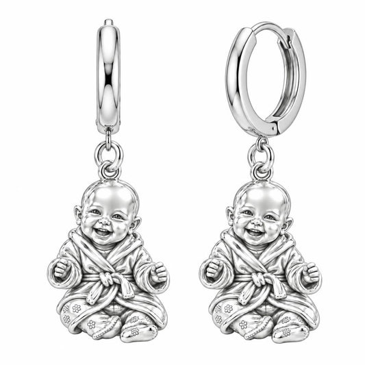 Smiling Baby Monk Huggie Charm Earrings – silver, front view