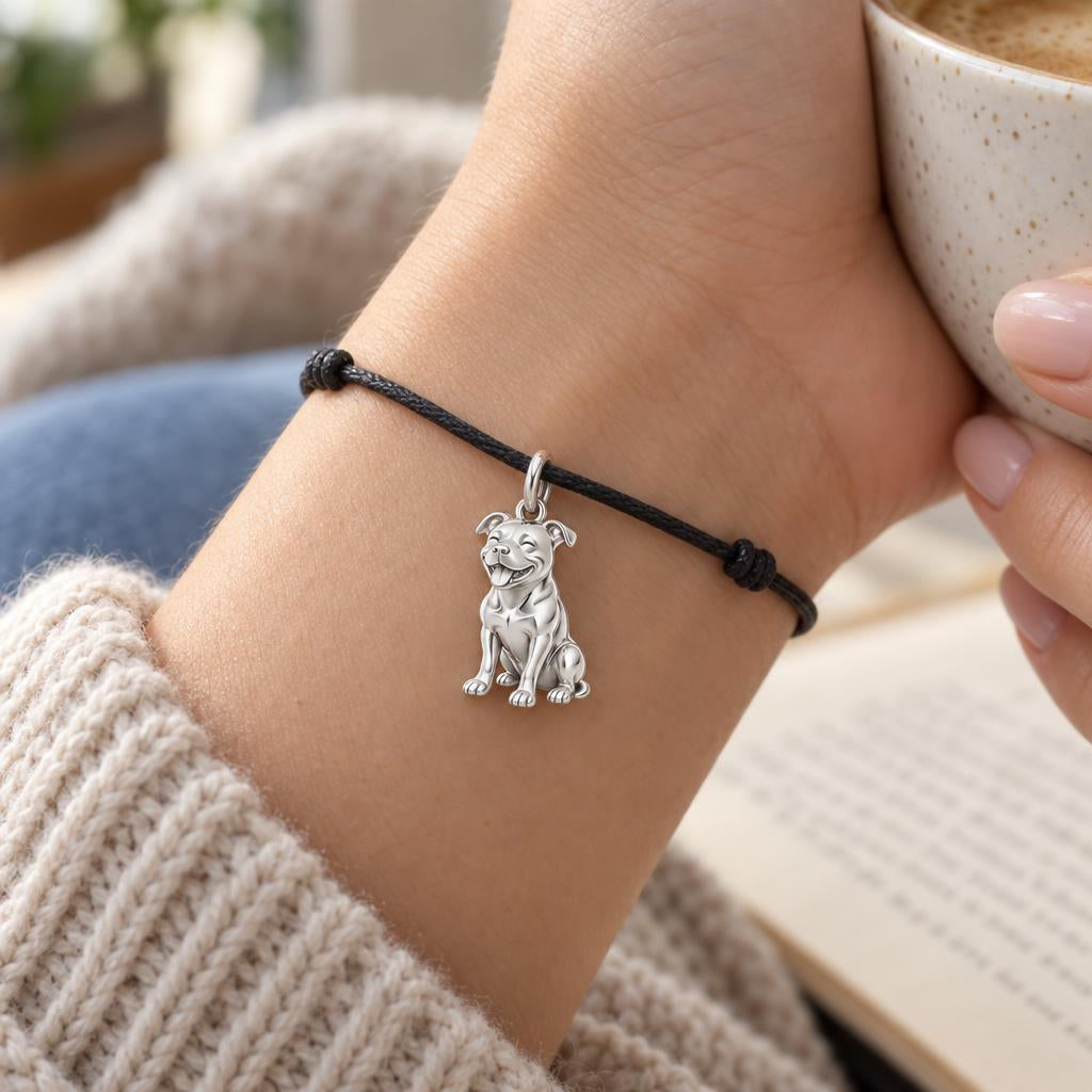 Smiling Staffordshire Bull Terrier Charm and Polyester Cord Bracelet Set