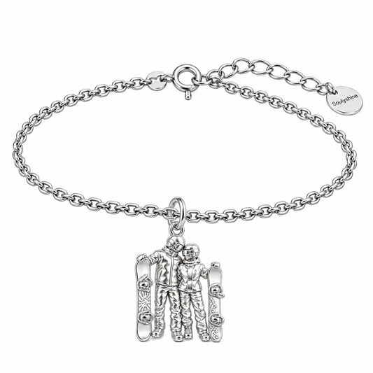 Snowboard Couple in Gear Charm Bracelet Set – silver, front view