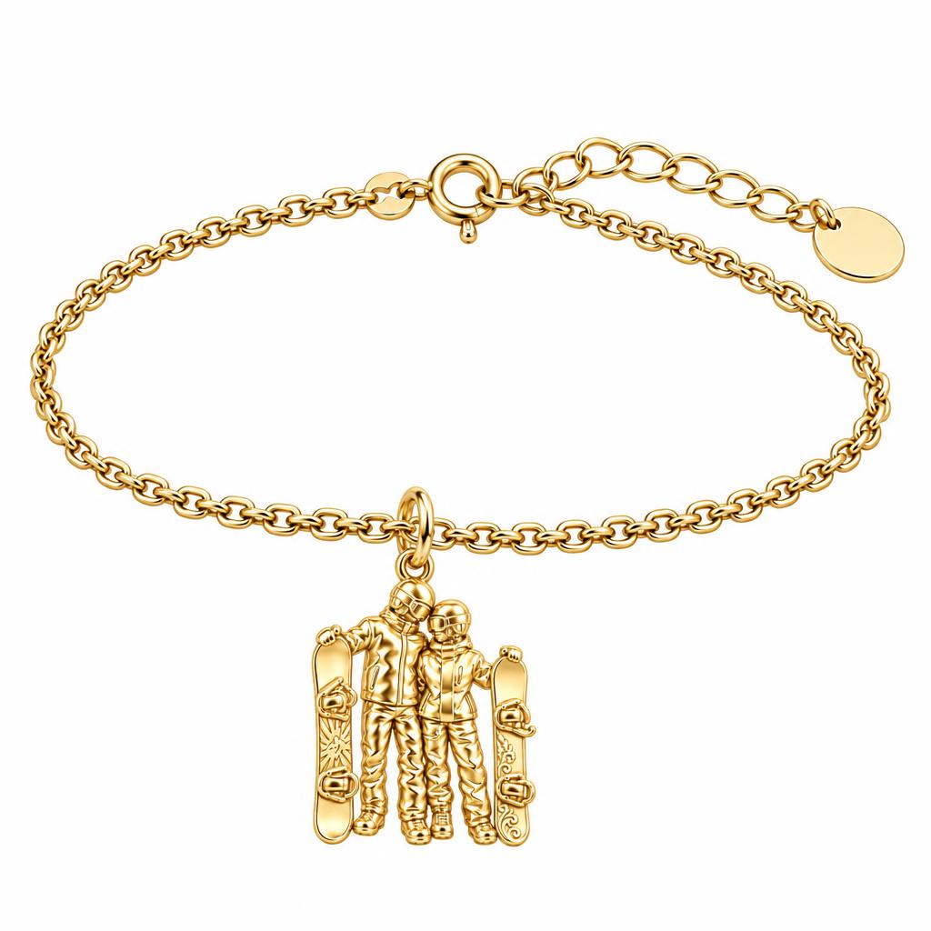 Snowboard Couple in Gear Charm Bracelet Set – 18K gold, front view