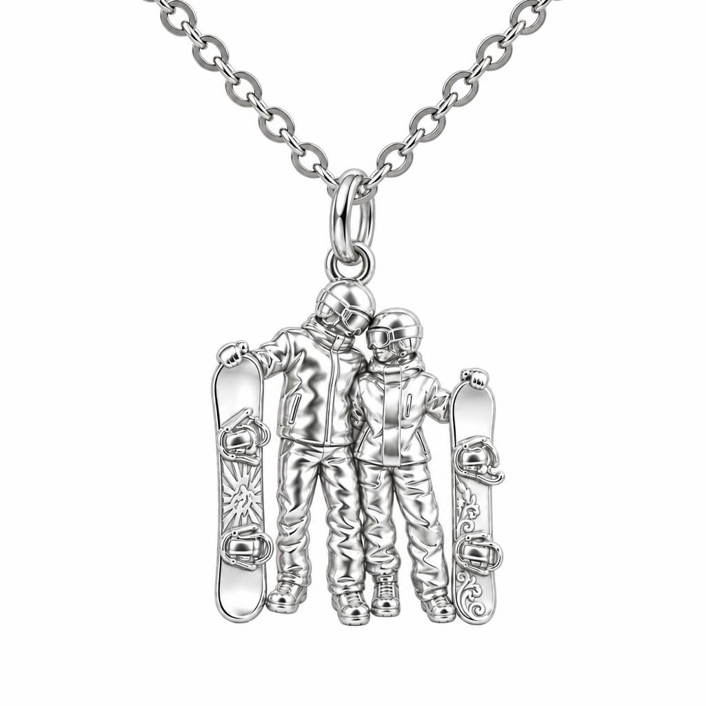 Snowboard Couple in Gear Charm Necklace Set – silver, front view
