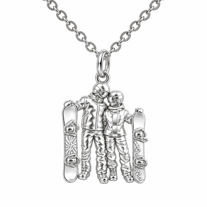 Snowboard Couple in Gear Charm Necklace Set – silver, front view