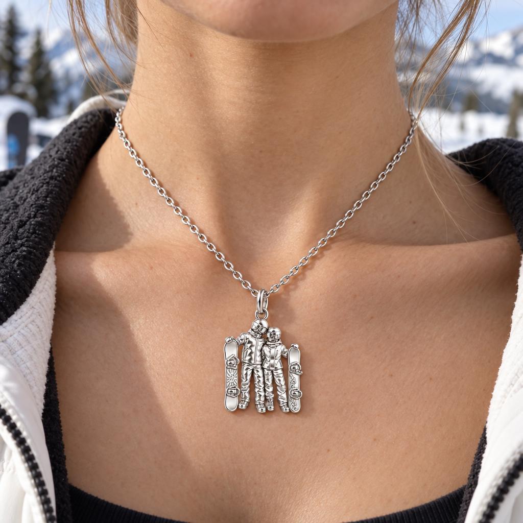 Snowboard Couple in Gear Charm Necklace Set – worn / in use