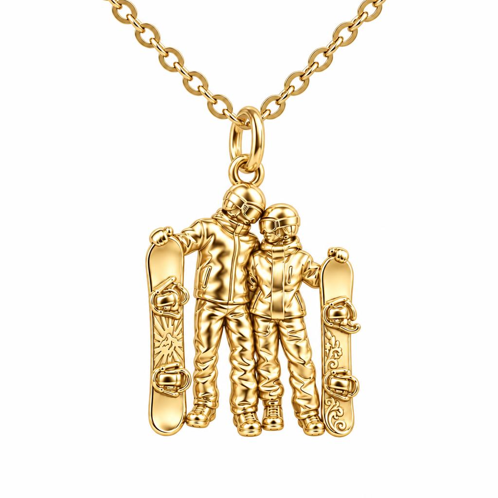 Snowboard Couple in Gear Charm Necklace Set – 18K gold, front view