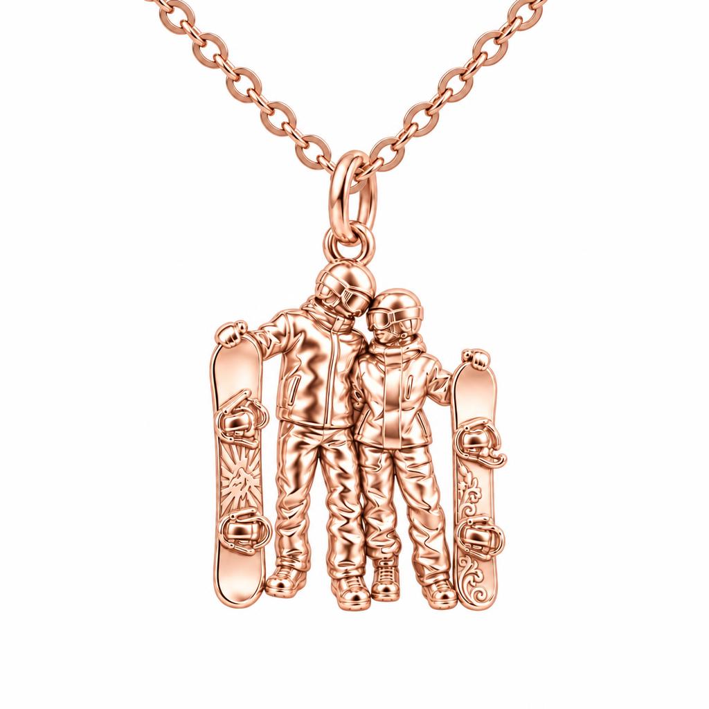 Snowboard Couple in Gear Charm Necklace Set – rose gold, front view