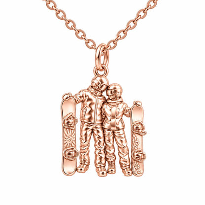 Snowboard Couple in Gear Charm Necklace Set – rose gold, front view