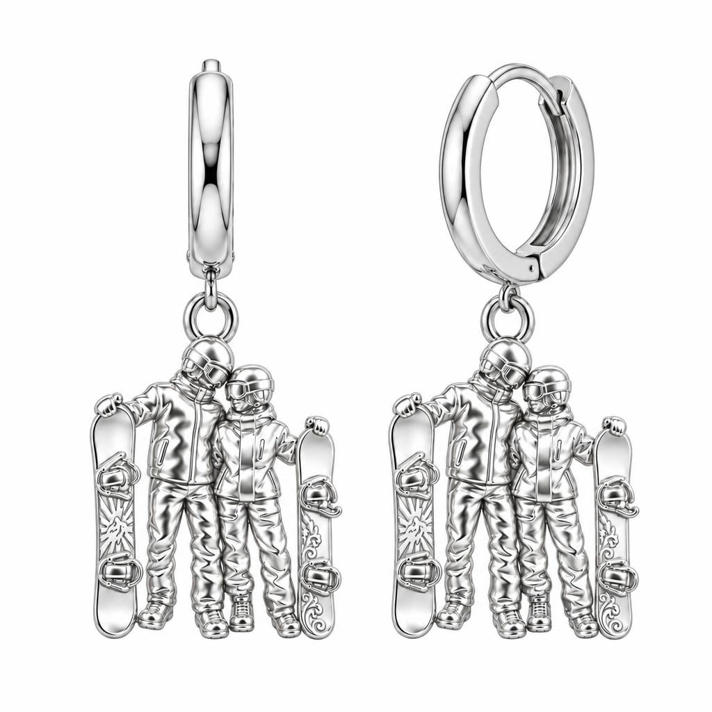 Snowboard Couple in Gear Huggie Charm Earrings – silver, front view