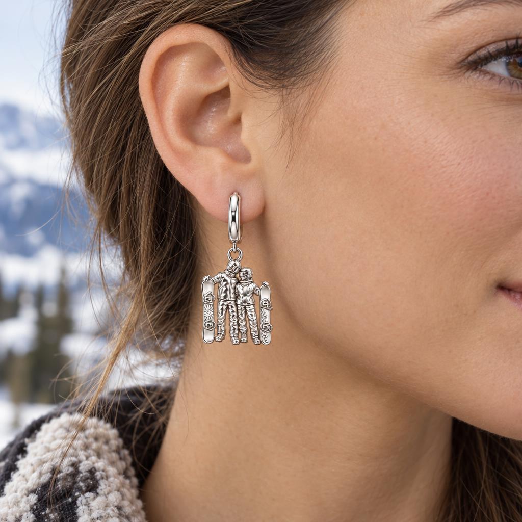 Snowboard Couple in Gear Huggie Charm Earrings – worn / in use