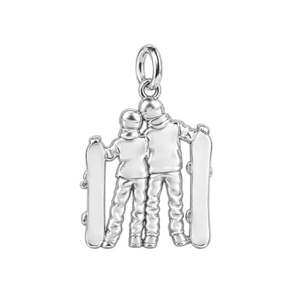 Snowboard Couple in Gear Huggie Charm Earrings – back of the charm, engraving area